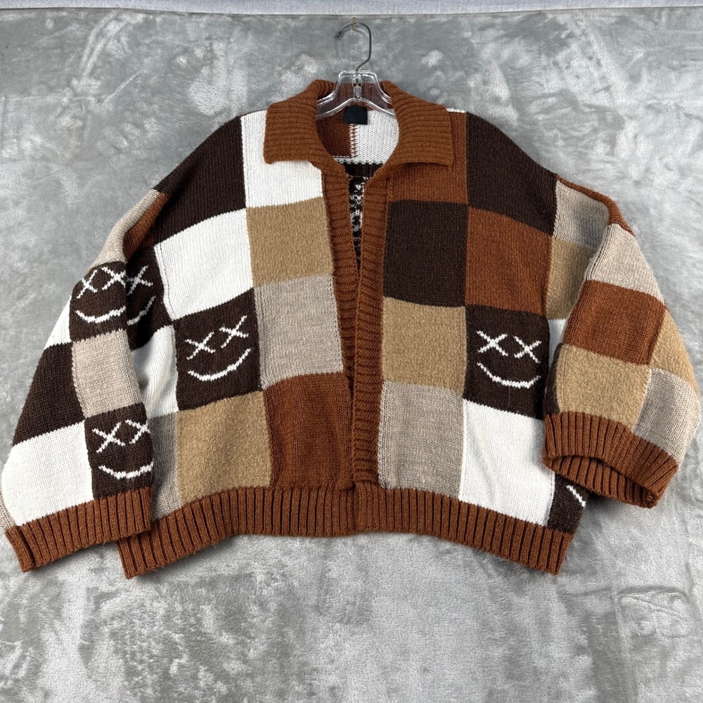 I Am Gia Cardigan Womens One Size Patchwork Brown Smiley Face EUC